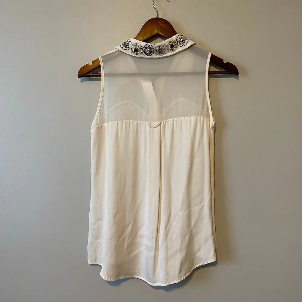 Milly Jane Silk Crepe Sleeveless Blouse cream embellished collar sz 2 - Picture 7 of 15